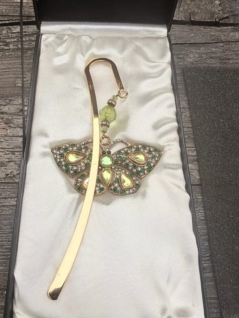 Vintage Bombay Bookmark Jeweled Butterfly Gold Green Amber Stones Jewels in Box